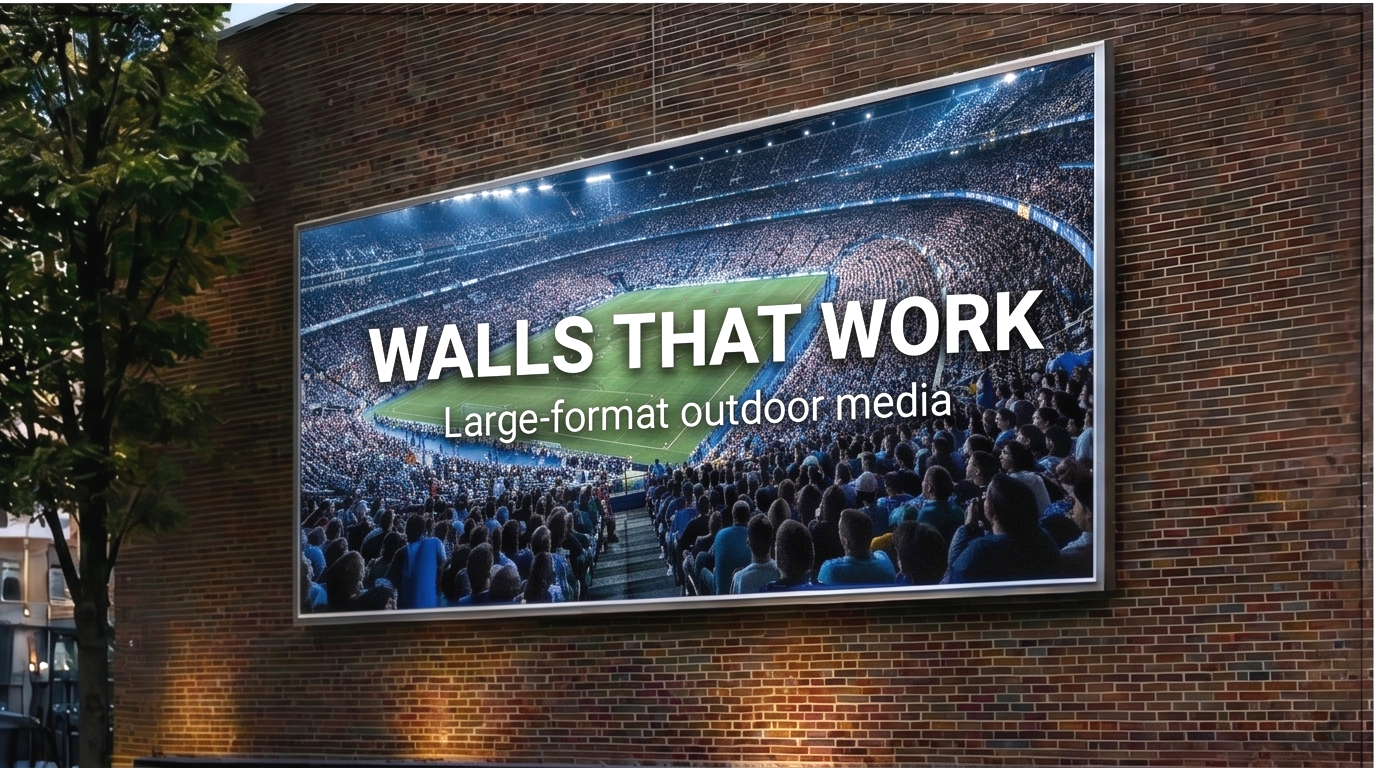 Concept image of a large outdoor advertising panel on a brick wall with the phrase WALLS THAT WORK